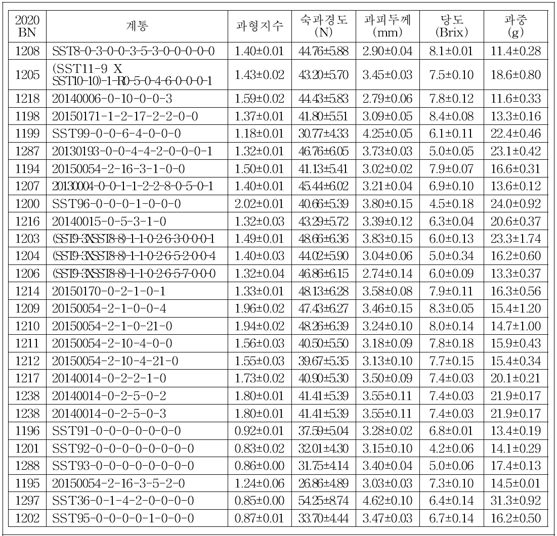 Cherry 타입 원예형질 특성검정결과 (측정평균값±표본오차)