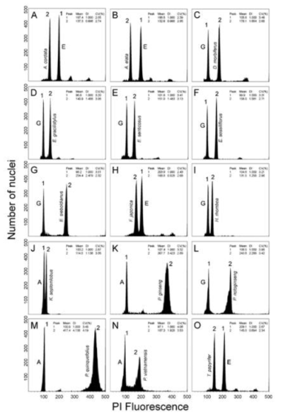 Flow histograms of nuclear DNA contents of the 15 Araliaceae species