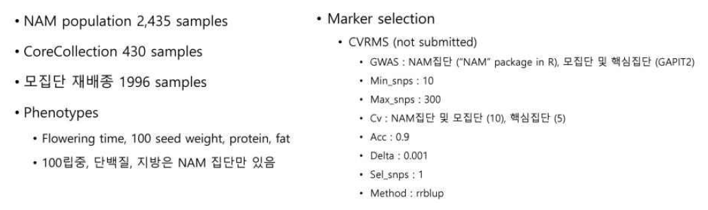 유전체예측 마커 선발을 위해서 사용한 데이터 셋과 CVRMS 파라미터