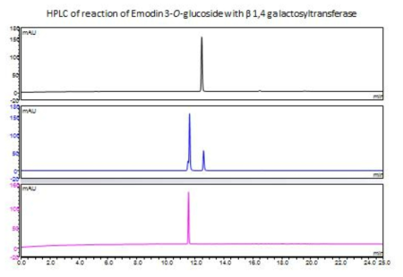 HPLC에 의해 분석된 합성된 Emodin-3-O-glucoside 표준샘플, 반응 후 결과물 및 정제된 Emodin-3-O-lactoside