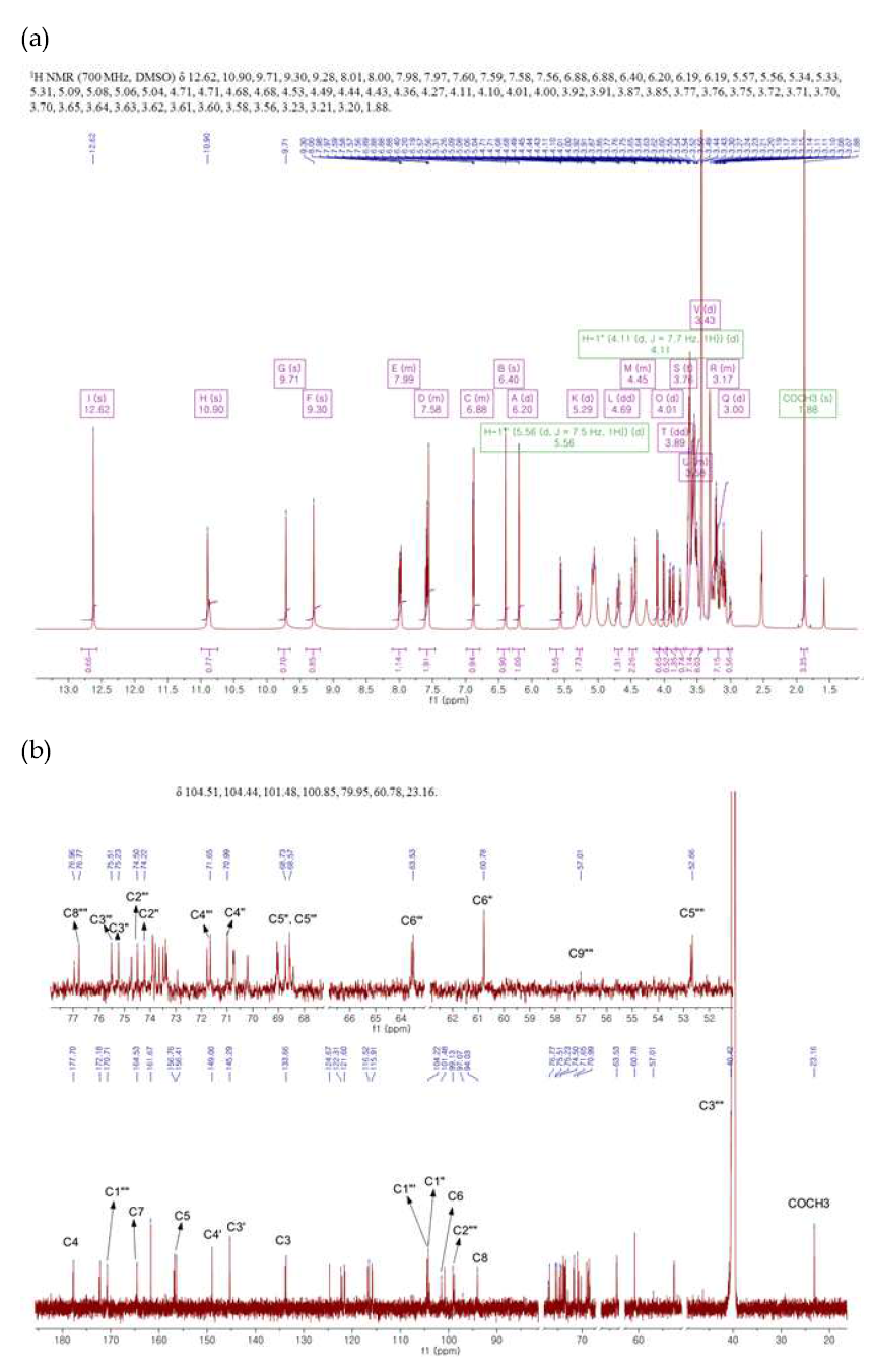 Quercetin 3-O-(2,6)-siallylactose (2,3Qsl)의 (a) 1H NMR과 (b) 13C NMR