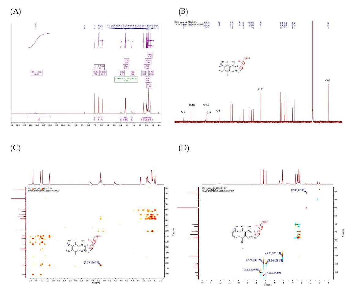 Emodin glucoside의 NMR 분석 (A) 1H-NMR. (B) 13C-NMR, (C) HMQC (D) HMBC