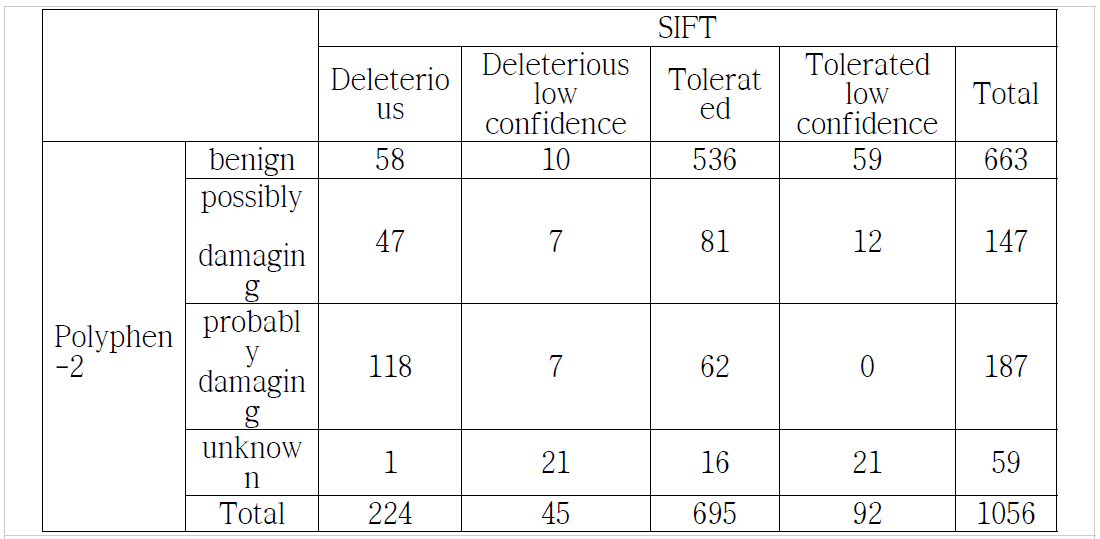 SIFT와 Polyphen-2을 이용해 SNP 변이의 영향력 분석 결과
