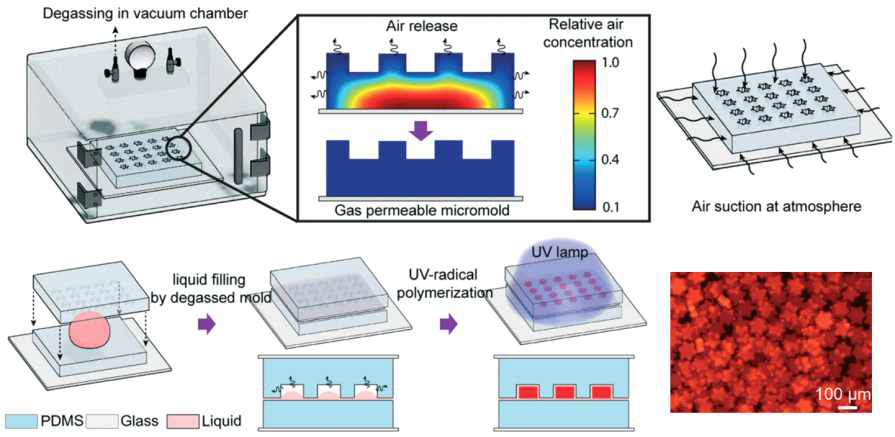 탈가스화 몰딩 리소그래피 공정을 통해 미세입자를 대량으로 합성하는 공정 모식도