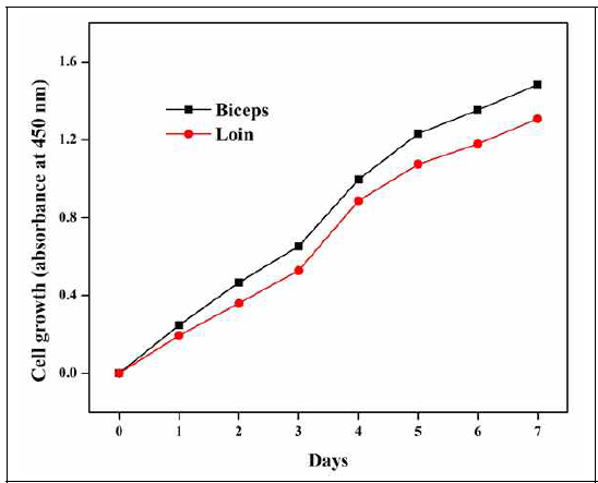 (가). Cell growth curve of biceps and loin muscle fibroblast cell were determined by CCK-8 assay