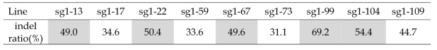 Sanger seq 결과로 분석한 CsFAD2 유전자 돌연변이 T2 카멜리나의 indel ratio