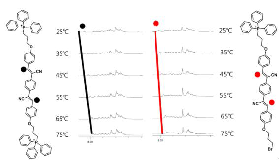 프로브 1(검은색)과 2(빨간색)의 온도별 NMR 스펙트럼