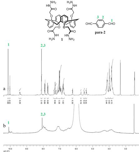 나노고분자형성 전후 NMR 스펙트럼 (화합물 1 28 mM, para-2 56 mM, 300 MHz, DMSO-d) (a)용액상태, (b) 나노고분자상태