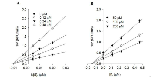 화합물 1의 Neuraminidase 저해활성 검증 (A) 화합물 1의 Neuraminidase 저해 활성에 관한 Lineweaver-Burk plot (B) 화합물 1의 Neuraminidase 저해활성에 관한 Dixon plot