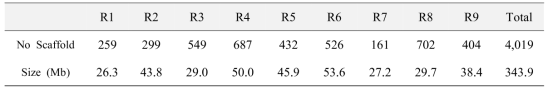 염색체별로 정렬 가능한 Rs2.0 스캐폴드의 수 및 크기