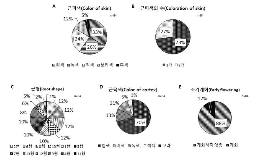 핵심집단 자원에서 5개 형질에 대한 조사결과