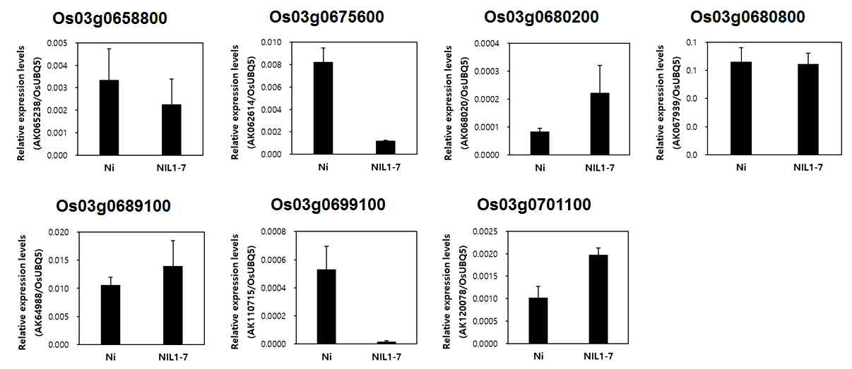 Gene-expression patterns of 7 qMel3-1 candidate genes. Seedlings grown in the dark for 3.5 days were sampled and used for qRT-PCR