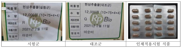 인체적용시험식품인 대조군 및 시험군