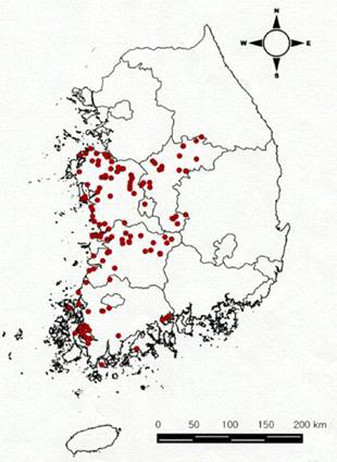 전라·충청권의 가시상추 분포 (2016년, 국립환경과학원 조사)