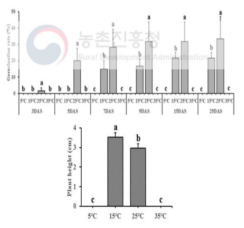 암조건 하에서 온도에 따른 유럽점나도나물의 발아율 및 초장