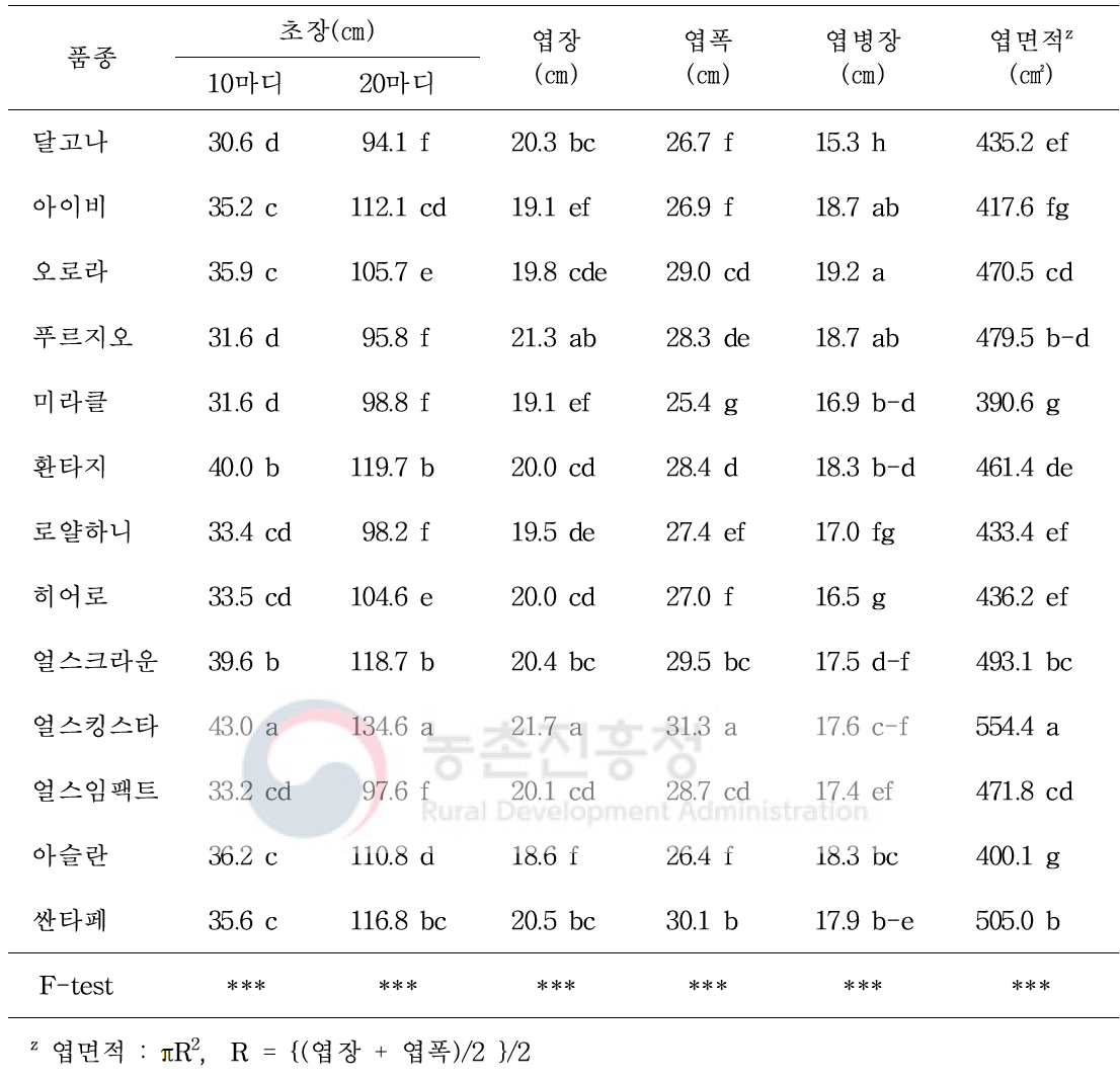 봄재배 멜론 13품종의 식물체 생육