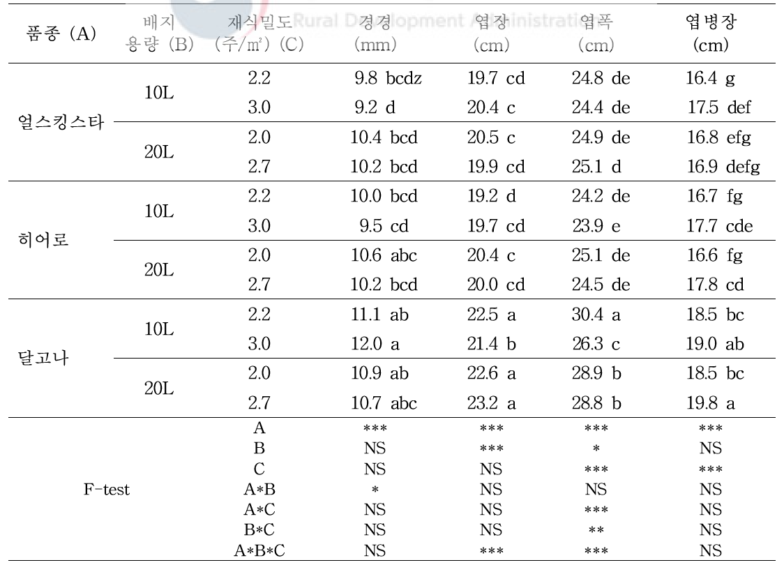 배지 용량 및 재식밀도에 따른 수확기의 식물체 생육 특성 비교(2020)