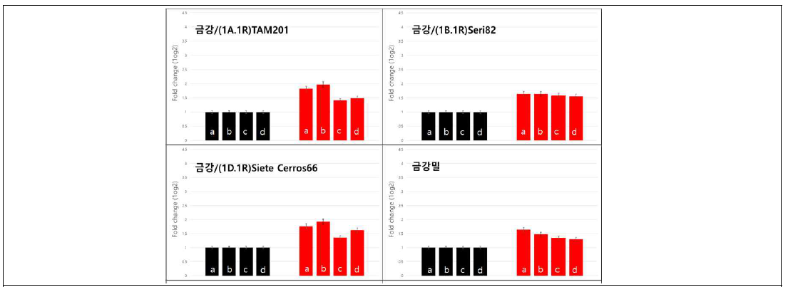 Expression of the stress response-related genes. Black boxes show “control” plants and red boxes show “treated” plants under drought stress. Each bar show relative expression of (a) abscisic stress-ripening, (b) heat stress transcription factor, (c) chopper chaperone and (d) pathogen-related gene