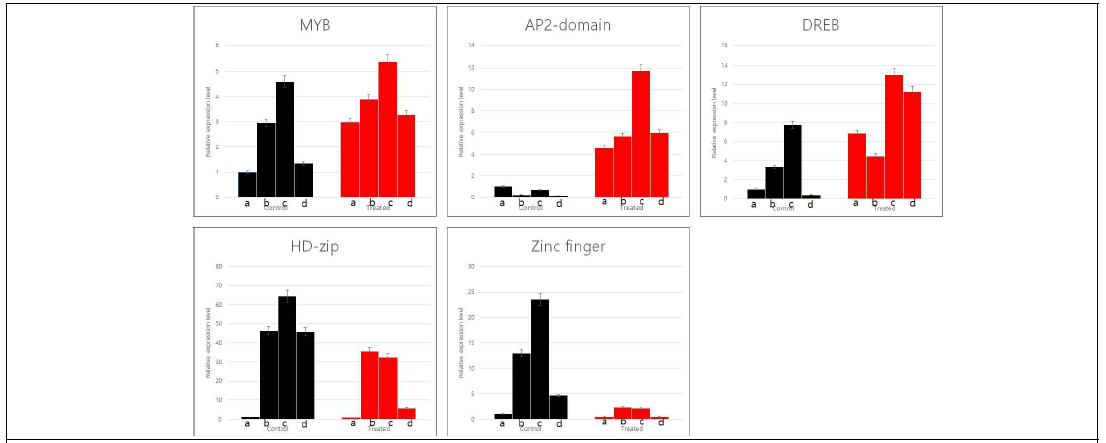 Expression of the transcription factor-related genes. Black boxes show “control” plants and red boxes show “treated” plants under stress. (a) 금강, (b) 금강/Seri82(1B.1R), (c) 금강/TAM201(1A.1R), (d) 금강/Siete Cerros66 (1D.1R)