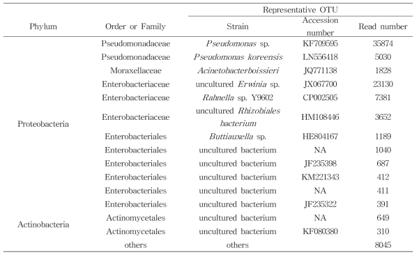 유용바이옴이 처리된 A 포장 화기에서의 Top 15 OTU (Operational taxonomic unit)