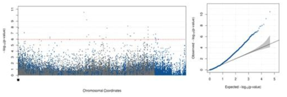 QQ and Manhattan plots, associated with Disease Index of each accession