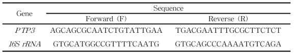 PTP3 primer, 16S rRNA primer의 forward 및 reverse 서열