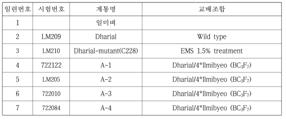 게놈 재염기서열을 수행한 Dharial, EMS 변이와 4개의 발아력 우수 BC3F7 계통들