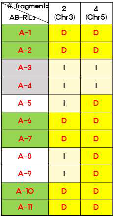 우수 저장성 발아력을 가진 11개의 AB-RIL 계통에 대한 3번 염색체 fragment (#2)와 5번 염색체 fragment (#4)의 genotypes