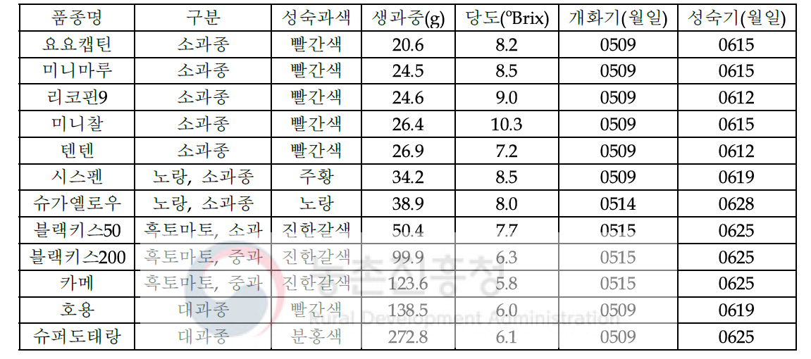 토마토 대조품종의 주요 원예적 형질 분포