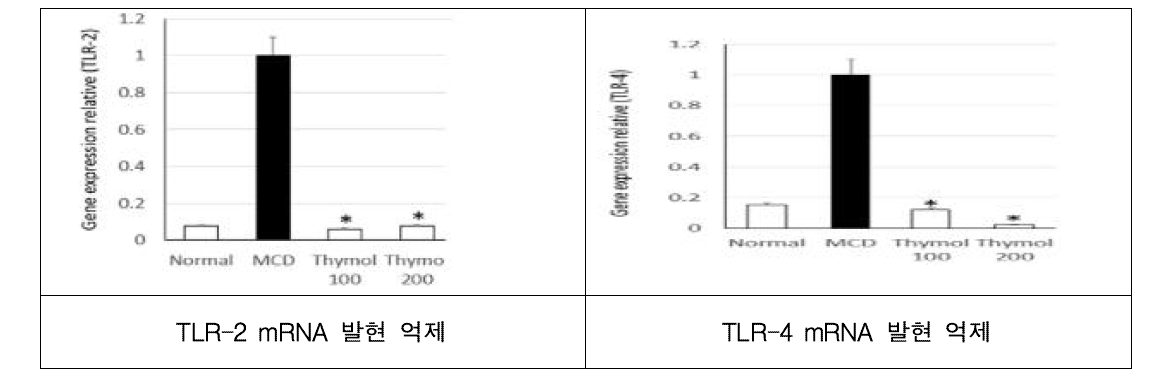 TLR-2, TLR-4 mRNA 발현 감소 확인