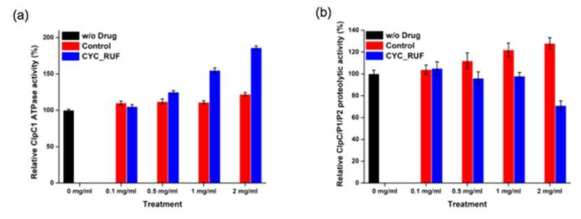 Effect of purified CYC_RUF on ClpC1 ATPase activity and proteolytic activity of ClpC1/ClpP1/ClpP2 complex. (a) Measurement of ClpC1 ATPase activity (b) Measurement of proteolytic activity of ClpC1/ClpP1/ClpP2 complex