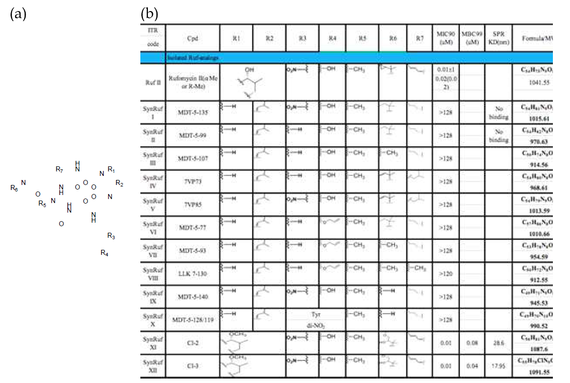 The structure of rufomycin and physico- and biochemical properties of its analogs. (a) The structure of rufomycin (b) Physico- and biochemical properties of rufomycin and its analogs