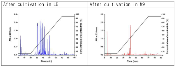 LB 및 M9 medium 배양 후 상등액에서의 metabolite 분석