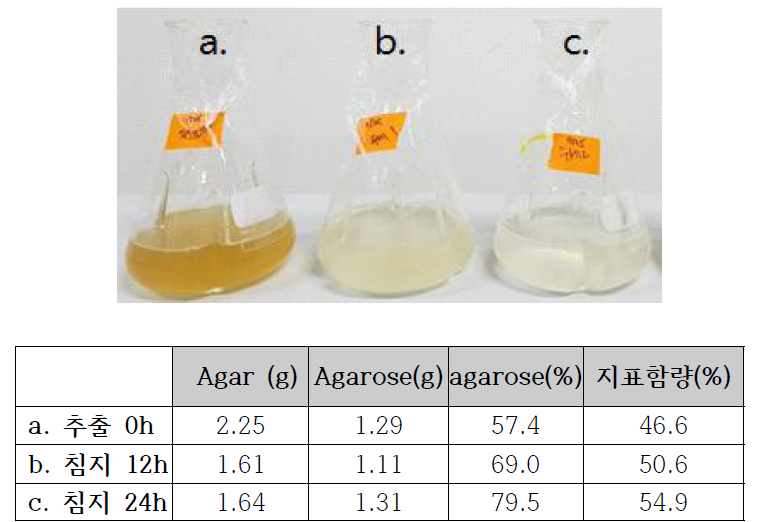 DY-NAO 대량생산 추출 Agar 침지 시간별 성상 및 Agarose 지표 함량 비교