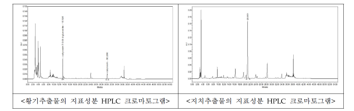 황기 및 지치 추출물의 지표성분 HPLC 크로마토그램