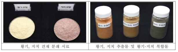 황기, 지치 건재 시료 및 추출물 사진