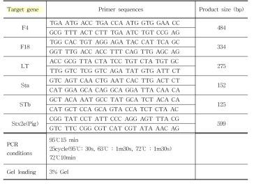 F4+ 대장균, F18+ 대장균, Stx2e+ F4+ 대장균, Stx2e+ F18+ 대장균 선별을 위한 primer set