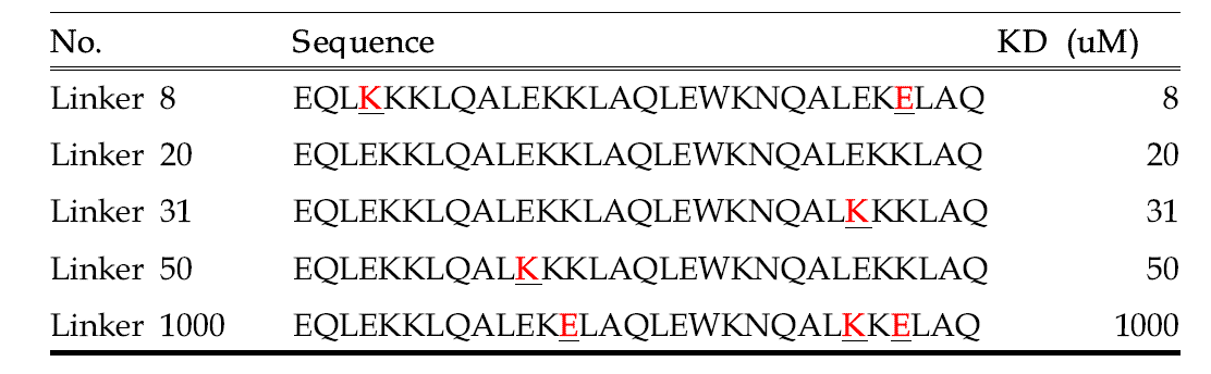 연구에 사용된 다양한 결합능을 지닌 결합 링커 목록