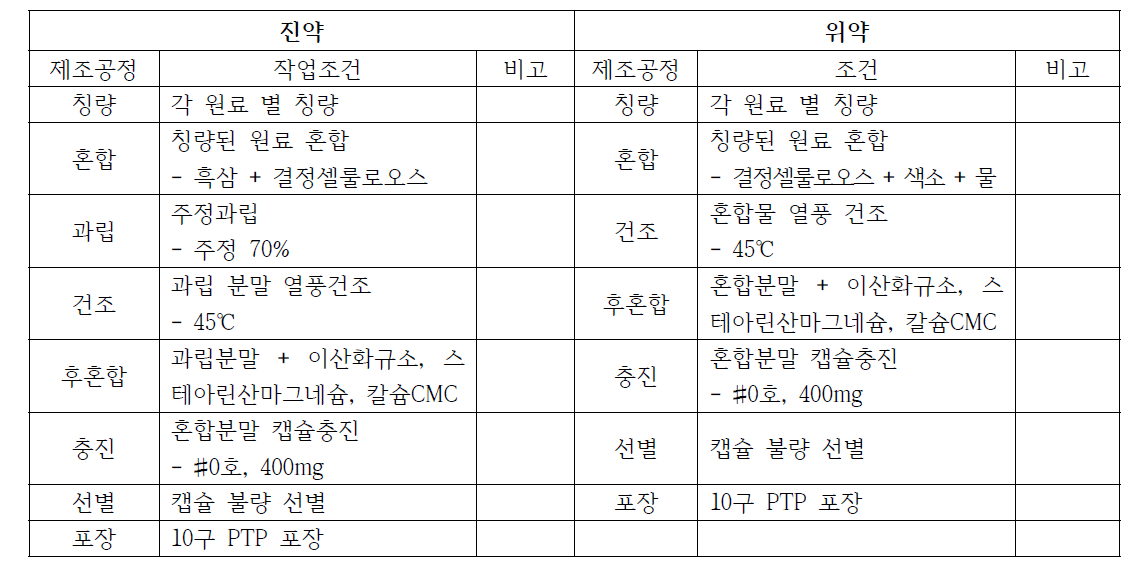 본약 및 위약의 제조공정