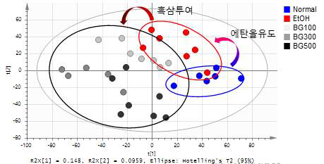 흑삼 투여 마우스 간 추출물의 다변량통계분석 결과 스코어플롯