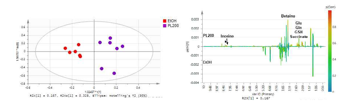 마우스 간 추출물 에탄올 유도군과 도라지 200 mg/kg 투여군의 다변량통계분석 결과 스코어플롯 및 S-line plot