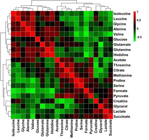 흑삼 투여 비글견 혈청 대사체의 correlation matrix