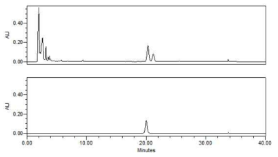 시험용액의 HPLC 크로마토그램 (254 nm) 및 직선성(검량선) 작성용 시험용액 (200 μg/ml; 희석한 표준용액)의 HPLC크로마토그램 (254 nm)