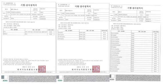 미생물, 잔류농약 및 중금속 공인시험기관 성적서