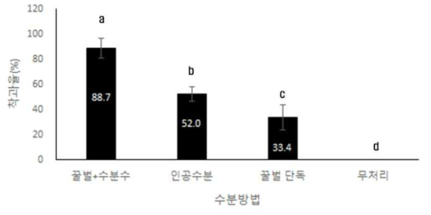 수분방법 별 키위의 착과율 1) 조사기간: 2020. 6. 9. 2) 조사방법: 시험구 당 3개 나무 선정, 각 결과모지 10개 선정, 결과모지당 착과수/꽃수 3) 통계분석: oneway ANOVA test & Tukey HSD F2,30,=136.295, p=0.0001