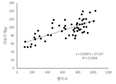 키위에서 종자수와 과실무게간 연관성 1) 선형 회귀분석: ANOVA F1,58=65.615, p=0.0001, R=0.729, R2=0.531, DW=2.003