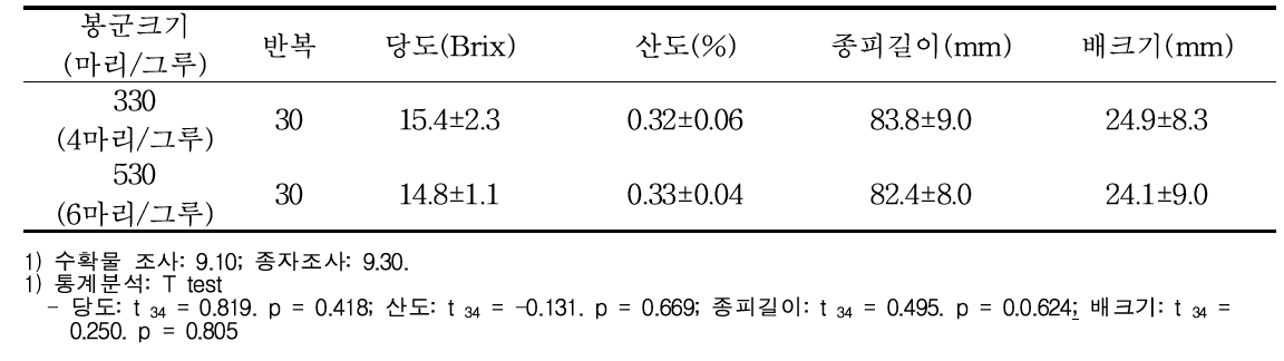 봉군크기 별 망고 수확물 특성 (절개)