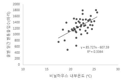 망고 개화기간내 하우스 온도와 꿀벌 소문출입활동 간의 상관 1) 선형 회귀분석: ANOVA F1,47=8.497, p=0.005, R2=0.153, DW=0.976, B=0.391 → 평균 1,000마리 활동을 위하여 19℃, 1,500마리 이상은 25℃ 이상 하우스 온도관리요구