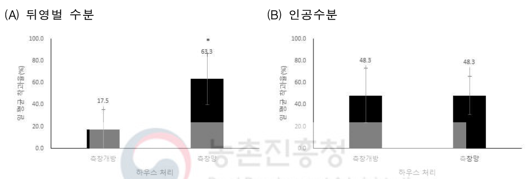 측창망 처리에 따른 1일 평균 착과율 1) 통계분석: T-test (뒤영벌) t16=-4.598, p=0.0001, (인공수분) t16=0.000, p=1.000