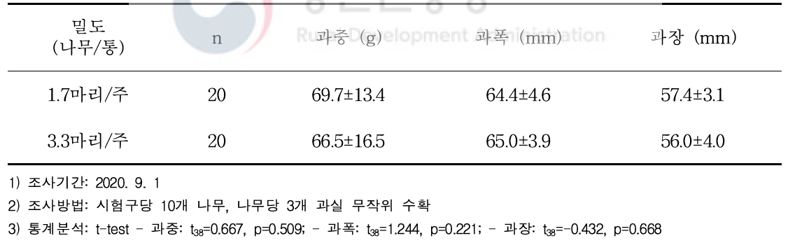 뒤영벌 밀도별 과실 물리적 특성